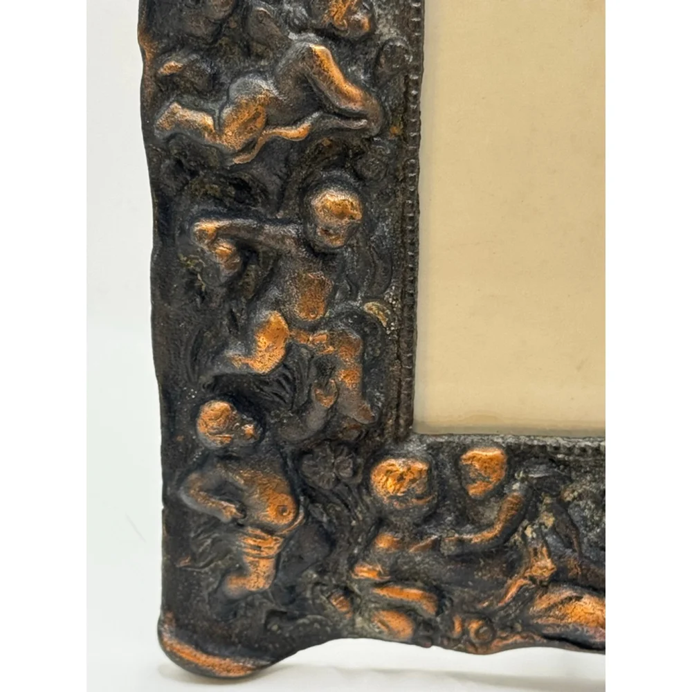 Vintage Ornate Cast Metal Picture Frame Cherub Floral Black Bronze Patina 4.5x6